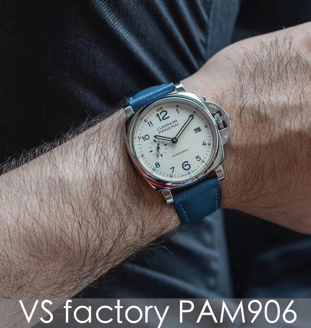 VS臻品：沛纳海LUMINORDUE系列PAM00906腕表（深蓝色十字纹牛皮-AISI316L精钢（强效抗蚀的钢合金），经抛光处理-象牙色表盘，饰以夜光圆点时标、大型蓝色数字及同色指针等经典沛